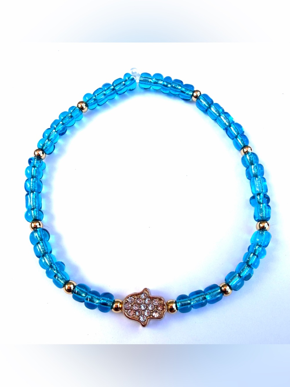 3 of Gold Metal Hamsa Evil Eye Good Luck Charm Blue Seed Beaded Bracelets